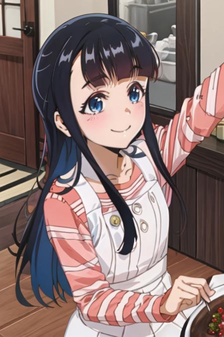 best quality, masterpiece, highres, solo, {koganeikoyuzu_edomaeelf:1.15}, black_hair, long_hair, bangs, blue_eyes, blush, smile, blunt_bangs