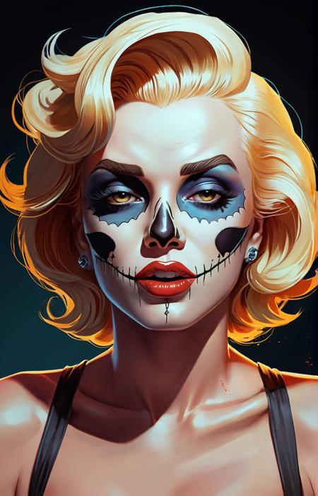 a portrait of a girl skull face, marilyn monroe, in the style of artgerm, charlie bowater, atey ghailan and mike mignola, vibrant colors and hard shadows and strong rim light, plain background, comic cover art, trending on artstation