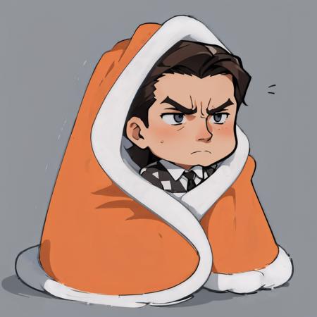 masterpiece, best quality, benny, furrowed brow, checkered, cozyblanket, chibi, simple background <lora:cozyblanket-nvwls-v1-000006:1>   <lora:benny-fnv-richy-v1:0.8>