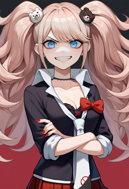 enoshima junko, twintails, bear hair ornament school uniform, black shirt, white necktie, red bow, sleeves rolled up, skirt, choker, cleavage