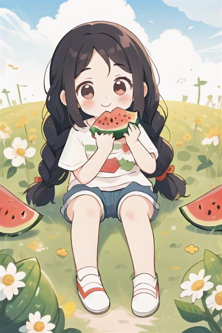 In the summer, in a watermelon field, a 5-year-old girl is wearing a red and white striped T-shirt, denim shorts, long hair, two braids, slanted bangs, a round face, big eyes, pure and cute, smiling. Sitting by the field, she happily eats a red and red watermelon, with a cute white Samoye next to her. The sky is clear and sunny, with 8k resolution and high-definition image quality, and children's illustrations, masterpiece, best quality,