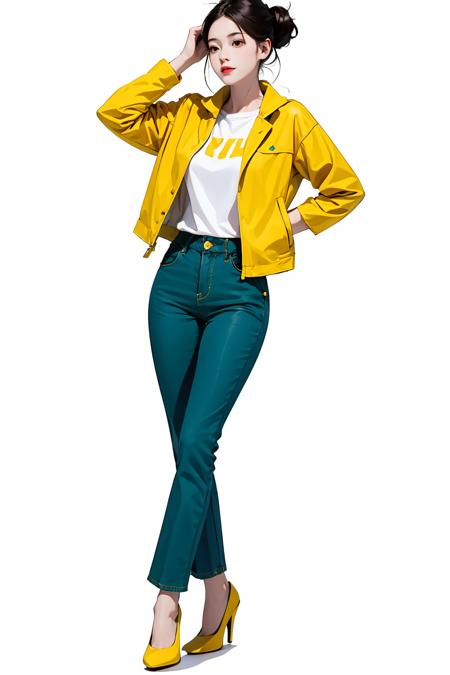 masterpiece, best quality, ((pure white background)), standing, black hair bun,cold face, full body, Denim jacket, yellow T-shirt, casual green pants, (Fashionable clothing), happy, light effect, soft, super clear, high-definition picture, (front)