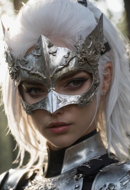 best aesthetic, great quality, best detailed, ultra high quality, awesome, boss fight, tattoo girl with white hair transformed in plate armor with, open mask helm, eye contact, elegant character, hight expression, detailed textures, mystical light, glare, metal shine, high voltage, forest  <lora:add-detail-xl:1>