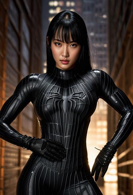 score_9, score_8_up, score_7_up, best quality, realistic, masterpiece, beautiful detail, hyperrealistic, ((1girl, woman body, big breasts)), amazing detailed full body of a cute korean girl, cute face, wearing a realistic and highly detailed black raimi spider-man suit, ((huge muscular girl)), professional model wears ultra - detailed black raimi spider - man suit, ultra - detailed and grained black raimi spiderman suit, suit covered entire body and hand, black spiderman gloves, wet, close up, black hair, variation pose, octane render, highly detailed, volumetric, dramatic lighting, (highest quality:1.1), (HDR:1.3), (top quality, best quality), realistic, high definition, masterpiece, 8k, best quality, best illumination, best shadow, an extremely delicate and beautiful, finely detail, depth of field, classic, highres, perfect lighting,