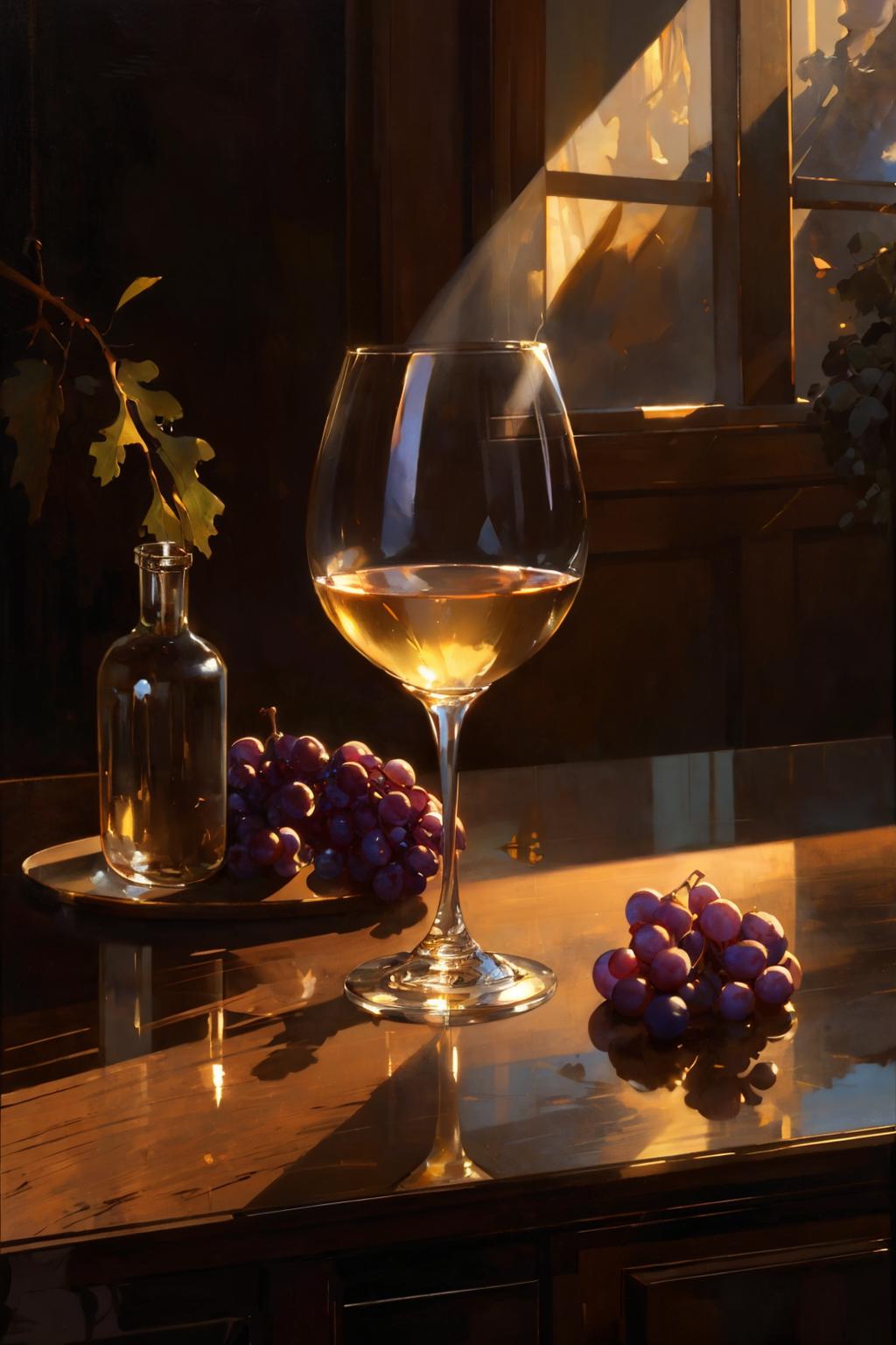 oil painting of glass of wine, translucent grapes closeup, reflections, glass refraction, art by anders zorn, wonderful masterpiece by greg rutkowski, beautiful cinematic light, american romanticism by greg manchess, reflections in copper, sunlight, dust and steam