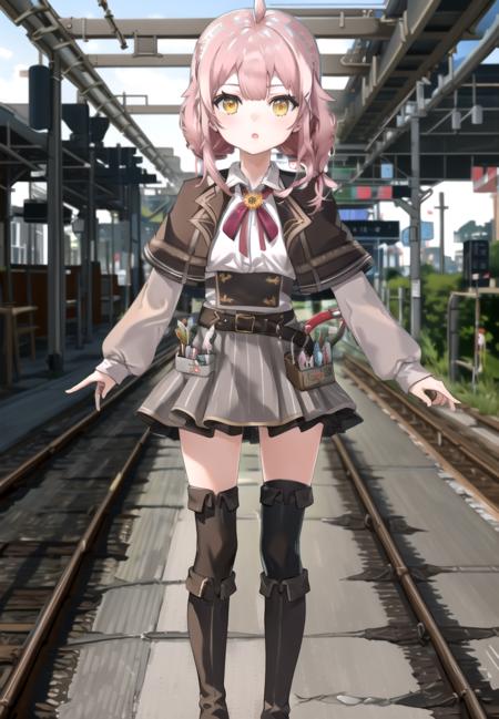 masterpiece, best quality, 1girl, <lora:ace_taffy_v2-000012:1.1> ,
ace_taffy_v2_p,knee boots, black thighhighs,  yellow eyes, pink hair, brown capelet,full body, standing, solo focus, 
blurry background, train station, railroad tracks,