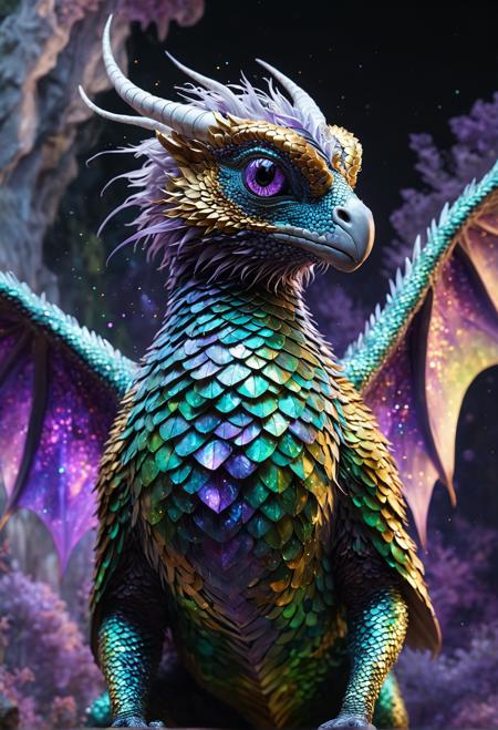 Meet the "Glintzen": a mystical creature with iridescent scales that reflect shimmering lights of purple, green, and gold, separated by wispy clouds of white. The camera angle is a slow-motion overhead shot, capturing its ethereal dance. Drawing style: whimsical, realistic, fantastical. The Glintzen's body glows with an otherworldly light as it moves across the 4K, high-quality, ultra-HD landscape.