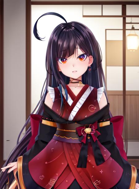 best quality, (masterpiece),(ultra-detailed), (high quality), (high resolution),     <lora:KotoriHikari-10:0.7>,kotorihikari, long hair, choker, kimono, japanese clothes, ahoge, multicolored hair, bangs