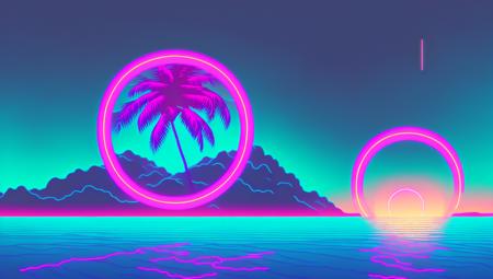 (neon circle floating:1.2) (with palm tree inside it:1.1), above ocean, neon lights, snthwve style wallpaper