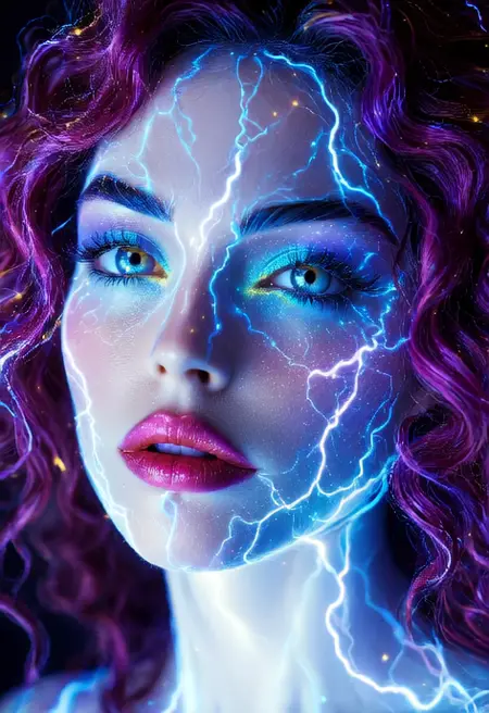 lthndrtrl, This image depicts a person with a striking and surreal appearance. The individual has a slender and elongated face with a smooth complexion. The eyes are large and expressive, with a captivating blue hue. The eyebrows are well-defined and arched, adding to the overall intensity of the facial features. The lips are full and slightly parted, with a natural pink color. The hair appears to be voluminous and curly, cascading around the head in a dynamic and flowing manner. The image is vibrant, with vivid colors and a glowing effect that gives the impression of energy or electricity made of golden and yellow and purple lightning thunder trails emanating from the person's face and hair. The overall aesthetic is otherworldly and captivating, blending elements of fantasy and science fiction.

WAN2.1 - Video of a beautiful woman, the lines of electric bolts crackle flash and writhe over her skin. she winks and smiles at the camera. tracking camera