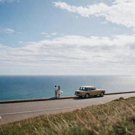 couple in the distance, seaside, daytime, cinematic, car