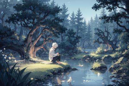 tree, solo, barefoot, outdoors, pants, 1boy, water, long sleeves, male focus, nature, night, grass, wide shot, white hair, bird, sitting, from side
<lora:huafeng:0.8>