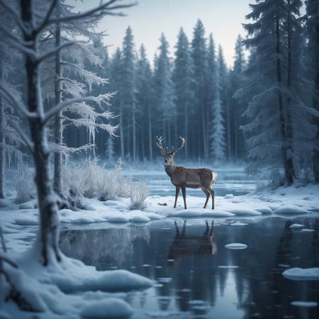 small lake surrounded by a frozen taiga forest, snow on the trees, winter, complex details, a deer near the water, masterpiece, nostalgic atmosphere, cinematographic lighting, sharp focus, 4k, photo, digital art, fantasy style