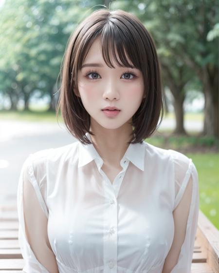 pureerosface_v1:0.2, best quality, photorealistic, 8k, high res, full color, 1girl, woman, 20 years old woman, (closed mouth:1.43), (skindentation), (portrait:0.6), trees, park bench, daylight, ((park background:1.52)), full color, ((whitebuttonedshirt:1.58)), looking at viewer:1.8, (1girl eyes looking at viewer:1.55), (medium hair, brownhair, partedbangs:1.45), (bokeh), <lora:AAG-nono:0.68>