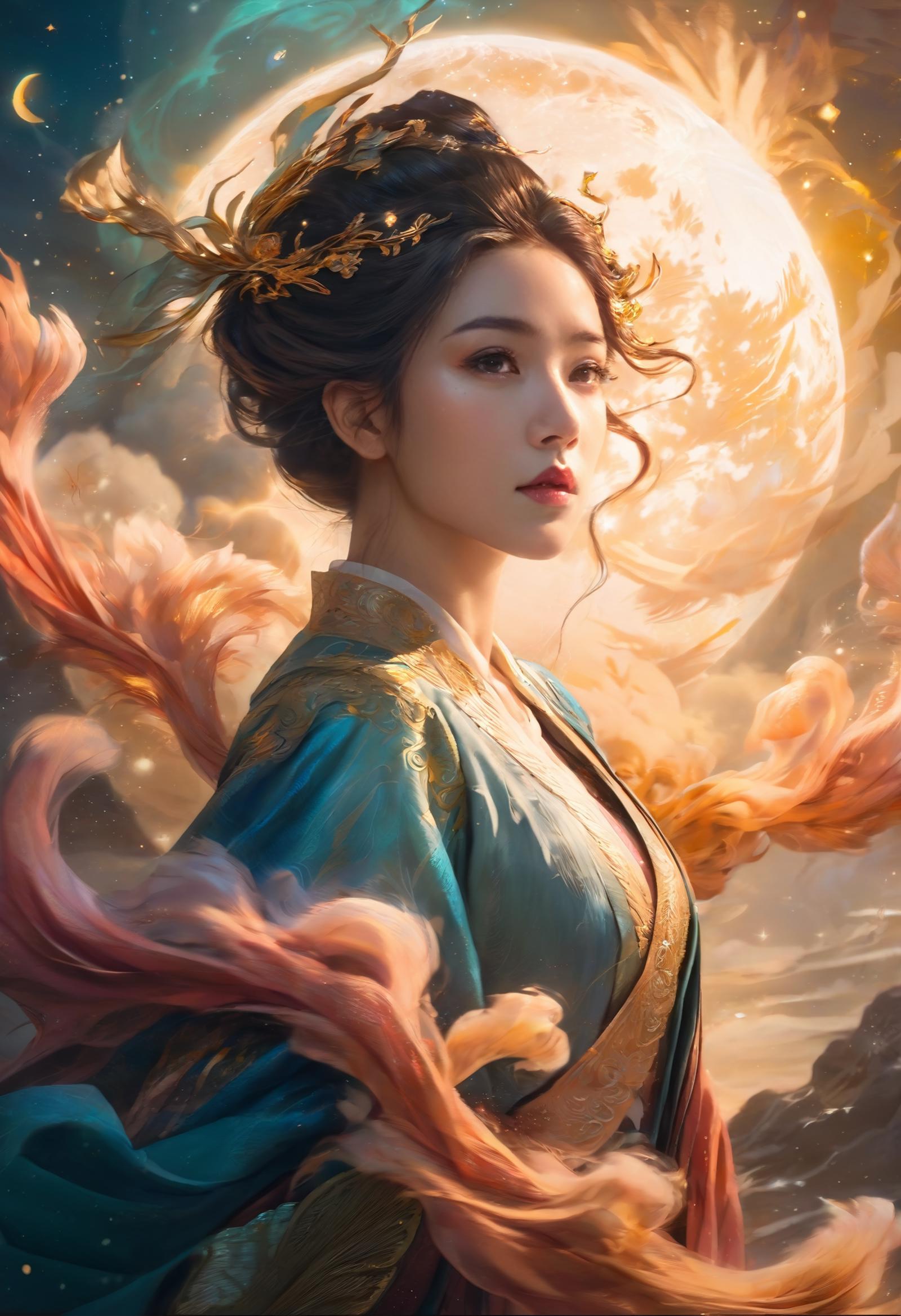 A woman in a blue robe with a flower in her hair and a moon in the background.