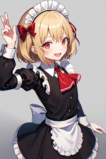 best quality, masterpiece, highres, solo, {maid:1.40}, {long maid dress:1.15}, {rumia_touhou:1.15}, blonde_hair, ribbon, short_hair, hair_ribbon, red_eyes, vest, smile, open_mouth, red_ribbon, ascot