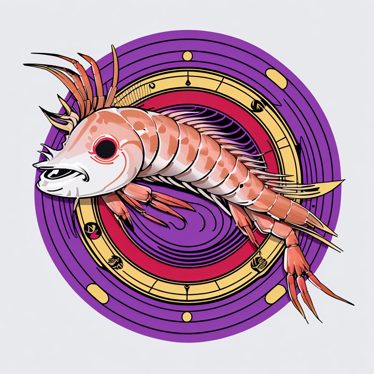 shrimp logo, simple pop-art colour purple red and gold, symetric line, straight line vector,