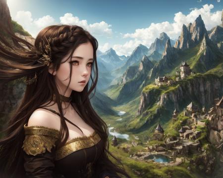 ((master piece)),best quality, illustration, dark, 1girl, In the wilderness,High mountain, Empty space, castle, beautiful detailed eyes,  beautiful detailed hair,