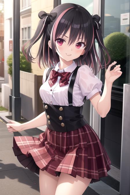 Otome Kokoro long hair,black hair,pink hair,multicolored hair,streaked hair,two-tone hair,two side up,hair bow,black bow,hair between eyes,bangs,red eyes red bowtie,plaid bowtie,white shirt,collared shirt,medium breasts,underbust,puffy short sleeves,suspender skirt,purple skirt,plaid skirt,pleated skirt,black socks