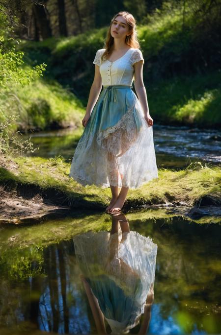 18 yo english girl,breathtaking,nature,dgtlv2,8k,(springtime:1.2),Bright sunshine,((Green forest)),streams,Reflection of water surface,representational,Focusing,fashion editorial,full body,looking at viewer,depth of field,<lora:add-detail-xl:0.7>,gold white blue dress,Lace skirt,(Victorian age),