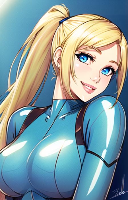 masterpiece, best quality, 1girl, solo, upper body, samus aran, (detailed eyes), round pupils, (thick lips), blonde hair, (blue eyes), ponytail, (looking at viewer), seductive smile, happy, (zero suit), ((mature female)), realistic,