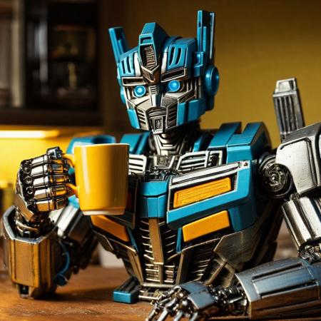 transformers generation 1,1980s retro robot, drinking from cup of tea, made of cast-iron, TransformersStyle, ((wide focus)), flashing lights