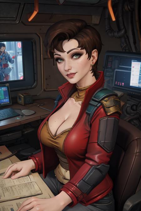 tannis, short brown hair, green eyes,
 red jacket, tan shirt, earrings , pants, 
upper body,  smile,  looking at viewer, sitting,  cleavage, 
spaceship,  medical room,  rusty,  
 (insanely detailed, beautiful detailed face, masterpiece, best quality) 
 <lora:tannis:0.7>