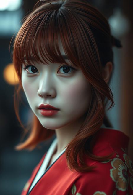 extreme close up shot,  19yo Japanese woman ,lipstick,bright red  hair waist-length hair , bangs covering the left side of her face with a wavy mid-back length hair strand resting on her left shoulder and her eyes are brown, kimono . shallow depth of field, vignette, highly detailed, high budget, bokeh, cinemascope, moody, epic, gorgeous, film grain, grainy
