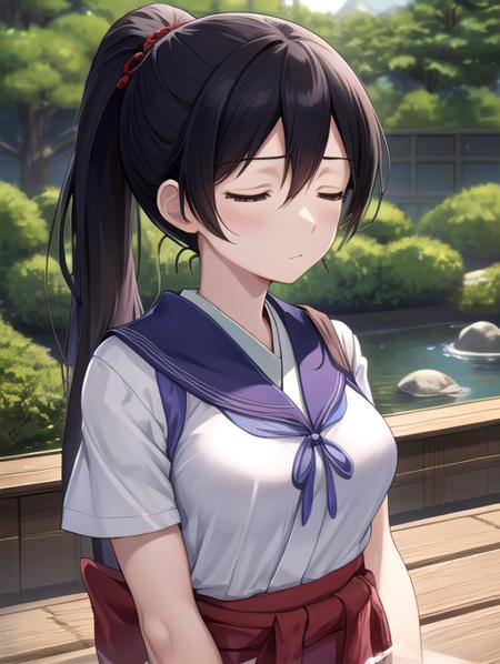 best quality, masterpiece, highres, detailed, perfect anatomy,  <lora:Detail - add_detail:0.2>, closed eyes, long hair, black hair, ponytail, tokineyukimura, student uniform, japanese garden, meditating, upper body, medium breasts, <lora:Character - Tokine:0.8>