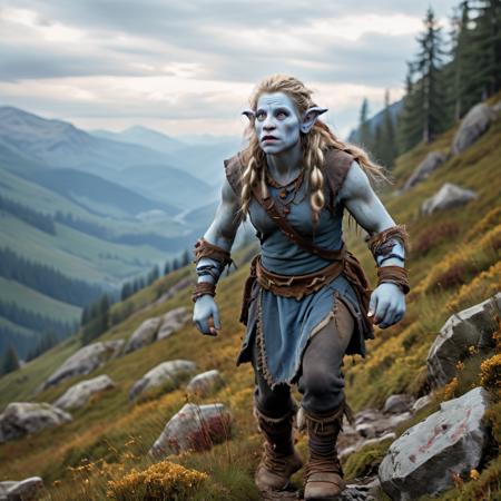 highly detailed photo of a ((female)) (firbolg):1.2 in a mountainside,


firbolg, colored skin, blue skin, solo, blonde hair, 
standing, walking, running, 1boy, manly,

in a mountain pass with rocks and stones,

depth of field:1.2, blurry, blurry background,
realistic:1.3,

photorealistic,
fantasy, cinematic,
32k, best quality, 
god rays:1.2,
dappled sunlight:1.1,




