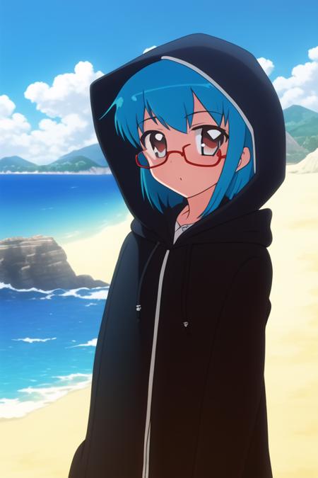 glasses, cloud, 1girl, hood, ocean, sky, day, solo, blue hair, hoodie, blue sky, hood down, under-rim eyewear, semi-rimless eyewear, horizon, red-framed eyewear, outdoors, cloudy sky, beach, looking at viewer, short hair, mountain, bespectacled, cape, hooded cloak,  <lora:zntstyle:1>