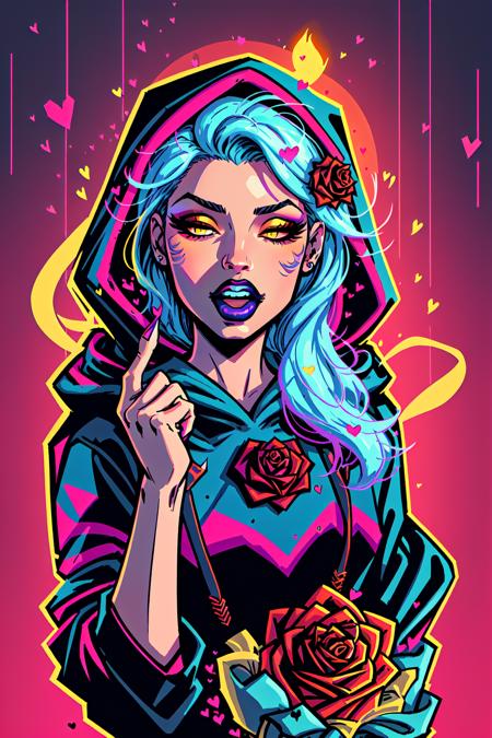 Wave Art Style,  1girl,  blue hair,  eyelashes,  eyeshadow,  fingernails,  flower,  glowing,  heart,  hood,  hood up,  lips,  lipstick,  long hair,  looking at viewer,  makeup,  middle finger,  one eye closed,  pinky out,  red flower,  red rose,  rose,  solo,  teeth,  tongue,  tongue out,  yellow eyes, <lora:EMS-49798-EMS:0.800000>