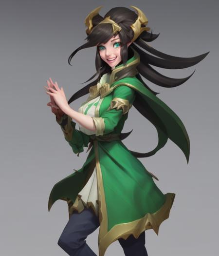 CharHelper, close-up anime stylized portrait, digital illustration of pretty young woman, dramatic smile, highly detailed, centered, digital painting, smooth, sharp focus, league of legends concept art, extremely detailed eyes, full beautiful face, green eyes, trending on artstation, pixiv, ultrahd, in the style of chris sanders