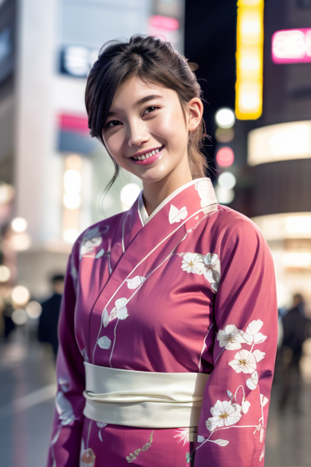 1girl,((wearing a yukata)),(in Shibuya city center:1.4),(RAW photo, best quality), (realistic, photo-realistic:1.4), masterpiece, an extremely delicate and beautiful, extremely detailed, 2k wallpaper, Amazing, finely detail, extremely detailed CG unity 8k wallpaper, ultra-detailed, highres, soft light, beautiful detailed girl, extremely detailed eyes and face, beautiful detailed nose, beautiful detailed eyes,cinematic lighting,city lights at night,perfect anatomy,slender body,light smile,