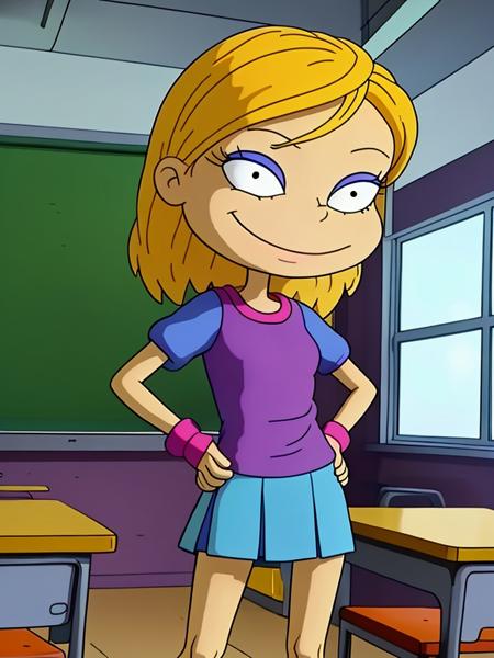 <lora:Rugrats+AGU-22:0.76> 1girl, solo, 13yo skinny blonde girl, posing, in classroom, cheerleader, full body shot, smiling, beautiful eyes,