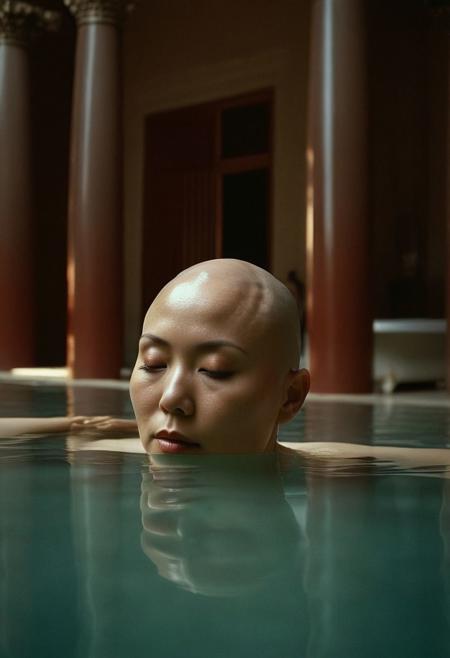 Analog nude portrait photo, 2girls, nude, (1girl beautiful elegant chubby 45 year-old Asian woman), (shiny scalp)(bald head:2), sensuously stroking the (bald head:2) of (1girl, beautiful petite pale freckled 25 year-old redhead European woman)(eyes closed:1.4), with hands in pool of ornate huge Moorish Bath, columns, skylights, shot from below, dark chiaroscuro lighting, rich dark cool reds and pale muted colors in background, 35mm, realistic, Cinematic Hollywood Film style, high detail, detailed eyes, detailed skin texture, (blush:0.2), (goosebumps:0.3), subsurface scattering, highly detailed skin, skin imperfections, mole, dirty skin, sweat, scar, atmospheric, dramatic, emotional, erotic, sensual, sexy, aroused, rich dark colors, deep shadows, masterpiece, harmonious, vignette, 4k epic detailed, shot on kodak, 35mm photo, sharp focus, high budget, cinemascope, moody, epic, gorgeous, film grain, asz, portrait photo, Art style by Ingres