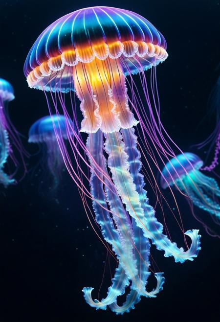 best quality, h4v_h0l0, (jellyfish with muscular arms flexing:1.5), 
RGB colors, iridescent, neon, scifi, glowing, black background, depth of field, cinematic, colorful, realistic, masterpiece, intricate details,