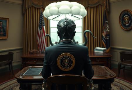 cthulu for president, oval office, mushroom cloud, real photograph, inspector gadget style, photorealistic, correct hands, correct fingers, presidential seal, vote button, campaign photo, election, elegant scene, facing away, sitting, metal arm, spikes