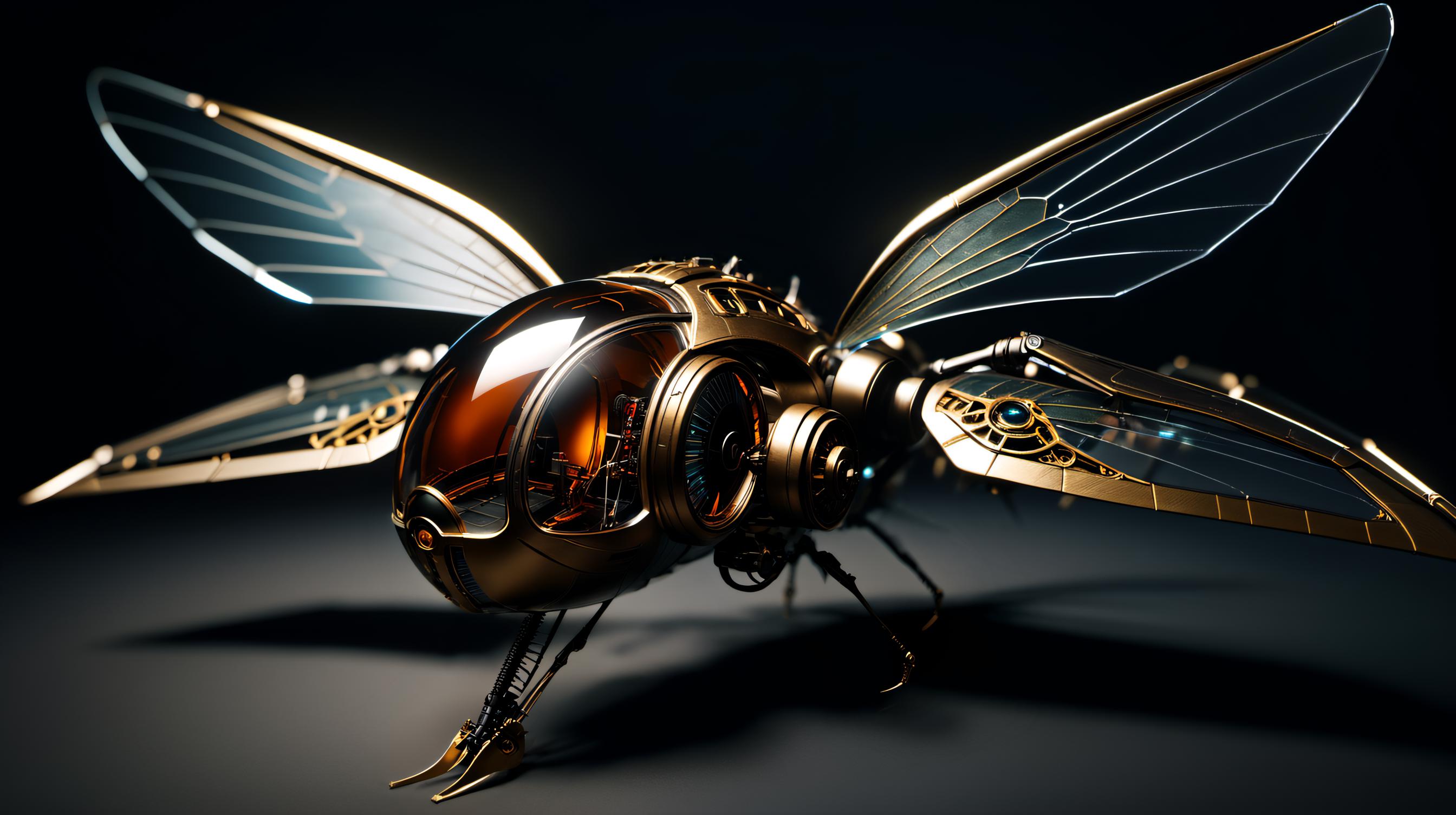 A gold and silver robotic insect with a transparent dome head sits on a gray background.