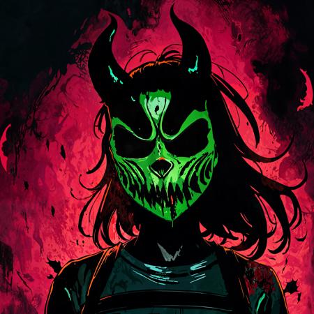 comic art, 2d, high contrast, hellspawn, 1girl, teen, medium breasts, (green mask on face), oni mask, horned, expression, low key, (ink painting style:1.3), eyeless, black eyes, blood splatter, red light, (black background:1.3), kid of darkness <lora:kid_of_darkness-06:0.8>