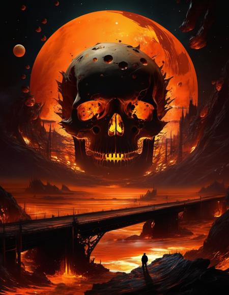 EdobHorrorLandscape, rock, bridge, sun, fireflies, bridge, knife, orange sky, male focus, multiple others, skull, backlighting, bird, molten rock, full moon, fangs, ribs, skull, planet, indoors, orange sky, from side, night, <lora:EdobHorrorLandscape_XL_v1.0:0.8>