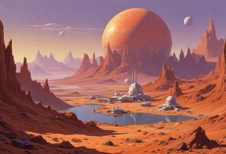 A pastel painting by a contemporary of Syd Mead, Frank Frazetta, and Zdzisław, in the style of retro-futuristic science fiction, capturing Mars Alma, a fantastical city on Mars, hidden among the crimson high peaks, where majestic biodomes shelter lush savannas and far-off lakes glisten.