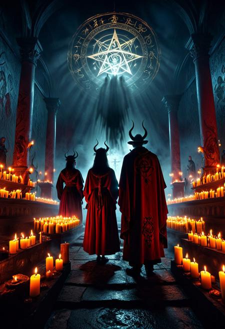 In this captivating scene, a satanic ritual is taking place, enveloped in a dramatic atmosphere of mystery and intrigue. The scene is bathed in the flickering light of candles, casting mysterious shadows and creating a haunting ambiance. The backdrop is dark and ominous, featuring an array of menacing objects that contribute to the eerie mood.
The central figures, a man and a woman, are dressed in ceremonial attire, their intense expressions conveying a sense of determination and focus. Surrounding them are intricate symbols, further heightening the sense of occult mystique.
The use of deep reds and blacks adds to the chilling effect, while the ultra-detailed, cinematic quality of the scene draws the viewer in, immersing them in the atmosphere of darkness and supernatural power. The high-contrast lighting creates a striking visual impact, enhancing the overall sense of foreboding and unease.
This masterful depiction of a satanic ritual expertly captures the eerie mood and supernatural tension of the scene, offering a captivating and unforgettable visual experience.