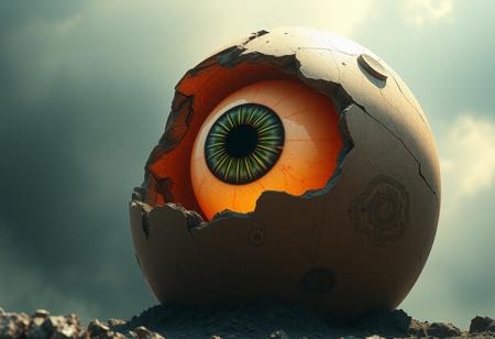 cinematic, 32k, hyper detailed, a giant eyeball hatching out of a giant egg