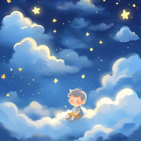 above the clouds,cloud,starble,glowing stars,nights,clouds and mist swirled around,caricature,cartoon,star,starlight,<lora:star:1>,the little boy is sleeping,