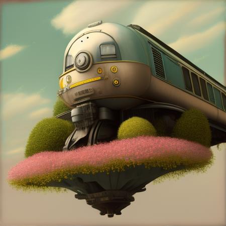 a rendition of the Isometric_Dreams, a painting of a flower in a vase with a train on it's side and a building in the background