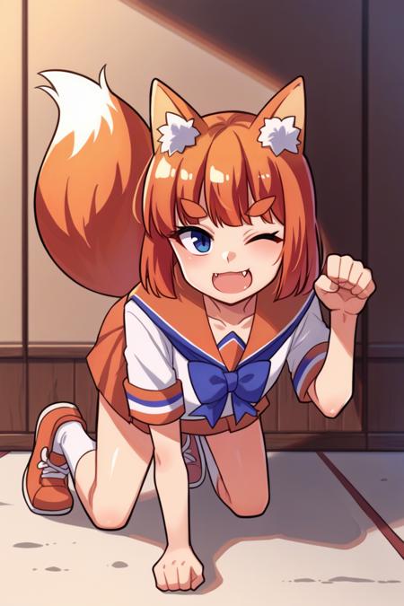 ffchan, fox ears blue bowtie, white shirt, serafuku, short sleeves, blue skirt, fox tail