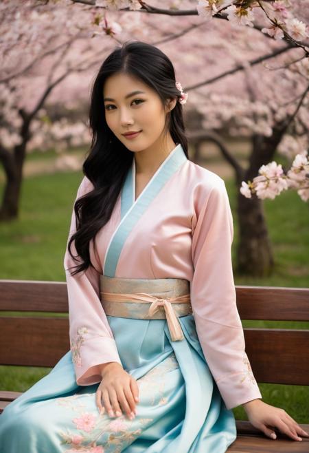 score_9, score_8_up, score_7_up, Photo of a woman, standing sex, suspended congress, tattoo, young, tanned complexion, Asian, jet-black hair, silky and flowing to her waist with slight natural waves, deep brown almond-shaped eyes framed by long lashes, serene expression with a soft and knowing smile, seated pose on a traditional wooden bench with a straight yet relaxed posture, wearing a meticulously crafted hanbok in pastel pink and sky blue, the skirt flowing around her in gentle folds, the jacket adorned with delicate floral embroidery in gold and silver thread, a silk ribbon tied neatly at the chest.
The background features a lush garden bathed in the warm glow of late afternoon light, cherry blossom trees in full bloom stretching their branches above her, pink petals drifting lazily through the air and gathering in scattered piles on the mossy ground.