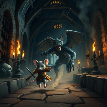 Inside castle, burning torches on walls, metal bars, candelabra, little mouse whit a little rusty armor and a small sword runing escaping, behind a furious big cat in a dragon suit chasing the mouse, dust from his paws, parts of the castle falling from the roof, trembling