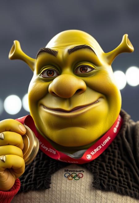 Shrek, in his iconic outfit, is celebrating the gold medal in the olympics. It's a close up shot of Shrek face, with a smile and some tears, he's looking towards the camera, as if posing for a picture, the gold medal close to his face.